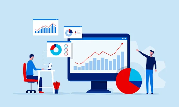 Geschäftsleute Team Analytik Und Überwachung Auf Web Bericht Dashboard Monitor — Stockvektor