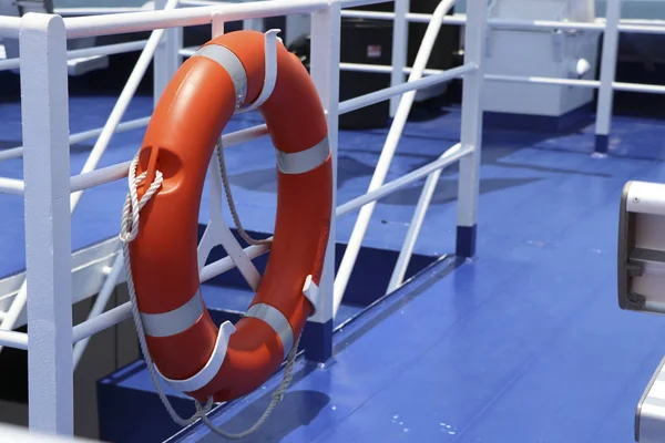 Lifebuoy rings on board for rescuing passengers. Lifebuoy rings mounted on the boat ready to save those who fell into the water.