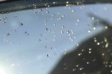 Cam yüzeyinde yalan su damlacıkları. Araç yüzeyinde su damlaları.