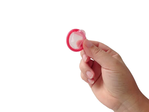 Die Hand Der Frau Hält Ein Kondom Auf Weißem Hintergrund — Stockfoto