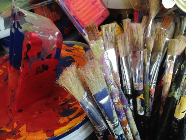 Paintbrushes Trays Used Art Has Been Cleaned — Stock Photo, Image