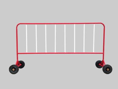 Kırmızı ve beyaz çelik panel bariyer tekerlekli gri arka plan üzerinde izole, kırpma yolları ile.