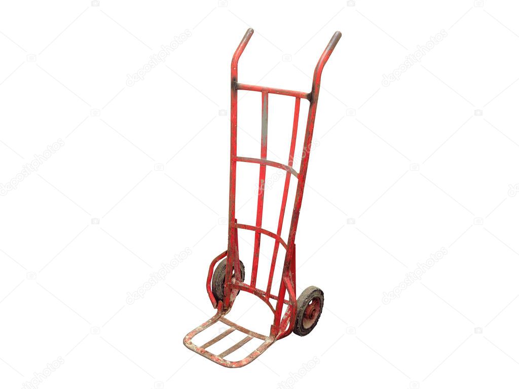 A red hand truck two wheel isolated on white background. Red trolley on white with clipping paths.