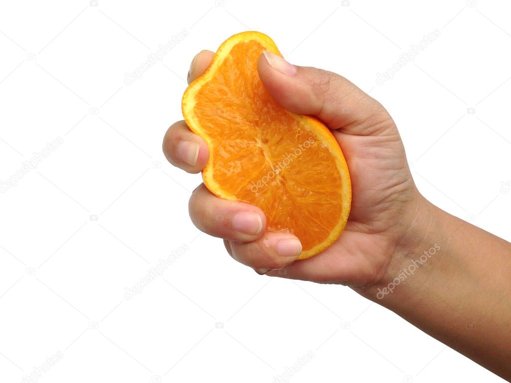 Hands are squeezing orange isolated on white background, with clipping paths.