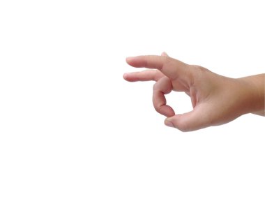 Kadın el beyaz arka planda parmak tekme gösterisi. Hareket parmağı sembolü.