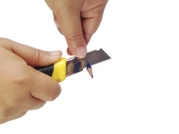 Female Hand Sharpener Pencil Cutter White Background — Stock Photo, Image