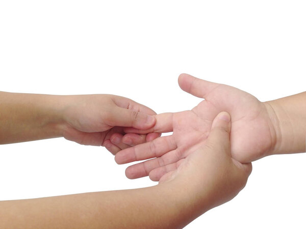 A massage therapist relaxes on customer hand. Massage therapy on white background.