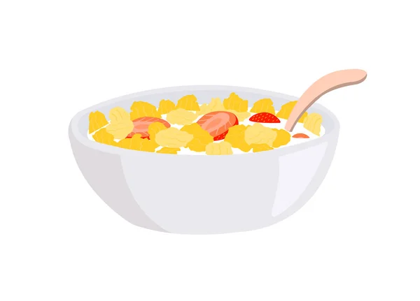 Corn Flakes Strawberry Bowl Milk Spoon Isolated White Background — Stock Vector
