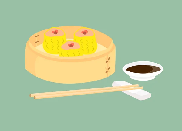 竹かごにソースと箸を入れた点心 点心はアジア人のお気に入りのスナックです — ストックベクタ