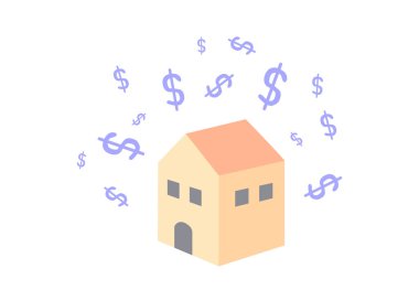 Evin üzerinde yüzen dolar sembolü. Beyaz arka plan üzerinde izole ev ile Dolar sembolü.
