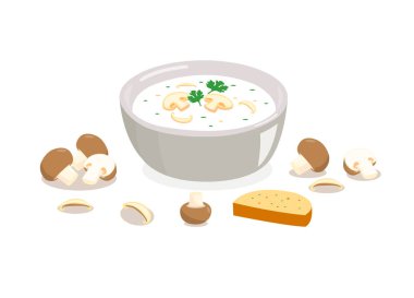 Beyaz arka plan üzerinde izole ekmek ile bir kapta Mantar çorbası.