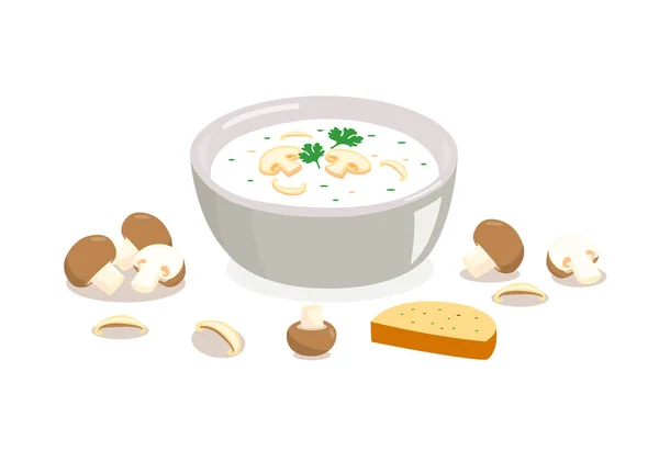 Beyaz arka plan üzerinde izole ekmek ile bir kapta Mantar çorbası.