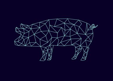 Koyu mavi arka plan üzerinde çizgi bağlantısı ile domuz grafik. Modern vektör grafik domuz.