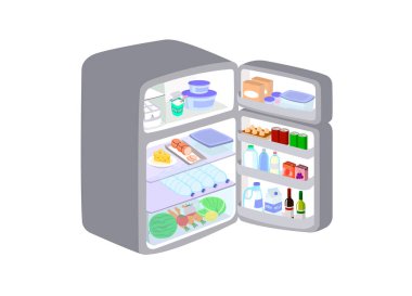 Gri buzdolabı beyaz arka plan üzerinde izole kapı açıldı. Buzdolabı tazeliğini korumak için meyve ve gıda tutar.