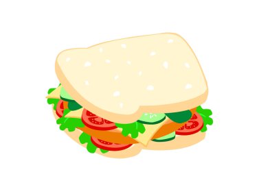 Sandviçler beyaz arka planda izole et, domates, peynir, marul ve salatalık turşusu ile doldurulur.