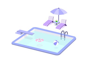 Yüzme havuzu ve havuz sandalye seti beyaz arka plan üzerinde izole.