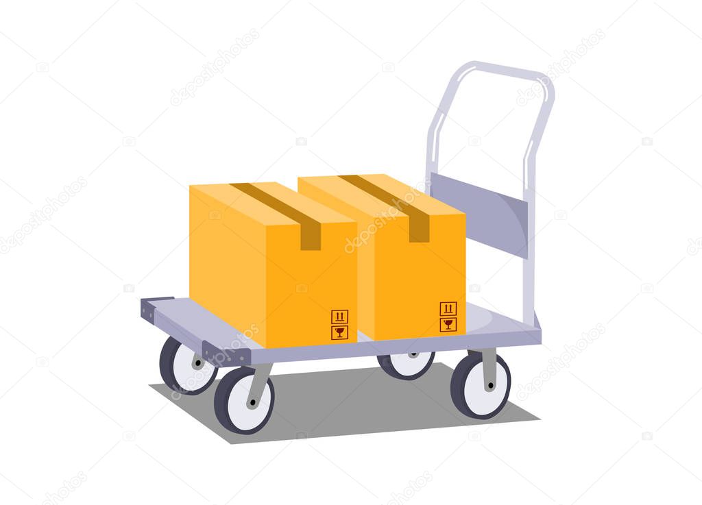 Platform truck with box isolated on white background.