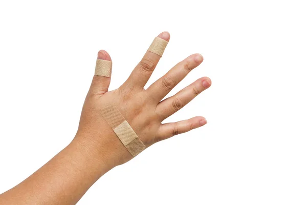 The hand with the plaster prevent wound from contact with germs isolated on white background.