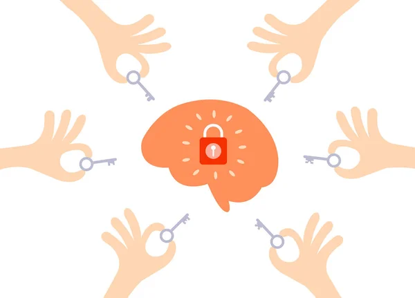 Anahtarı elle kilitleyen beyin, anahtarları beyaz arka planda izole bir şekilde tutuyor..