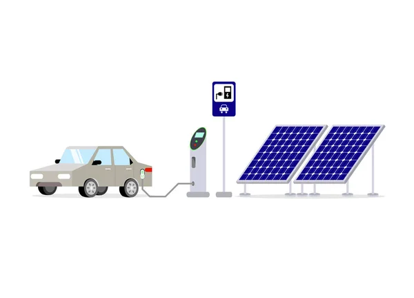 Електричний Автомобіль Заряджає Акумулятор Електростанції Допомогою Сонячної Енергії — стоковий вектор