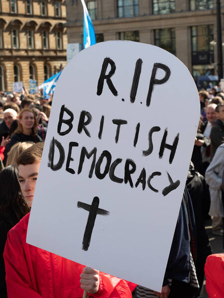 GLASGOW, SCOTLAND, UK. 31st August, 2019. Protesters at the Stop the Coup - Defend democracy rally in Glasgow's George Square.