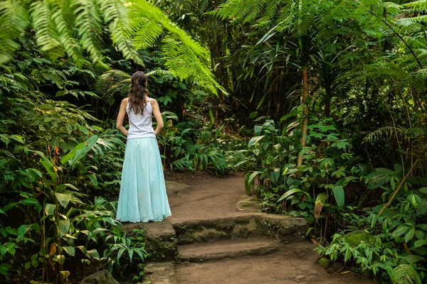 Молодий мандрівник жінка ходьбі в тропічному лісі, Убуд, Балі. Вид з спини. — стокове фото
