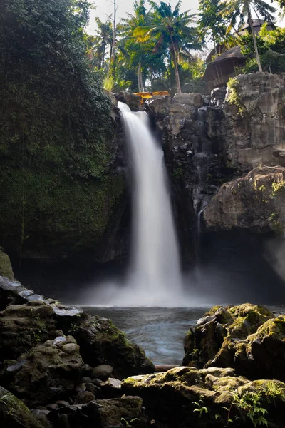 Waterfall landscape. Amazing Tegenungan waterfall in tropical rainforest in Bali near Ubud. Slow shutter speed, motion photography.