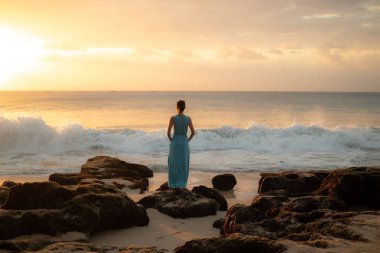 Plajda altın gün batımının tadını çıkaran kadın. Arkadan görüntüle.