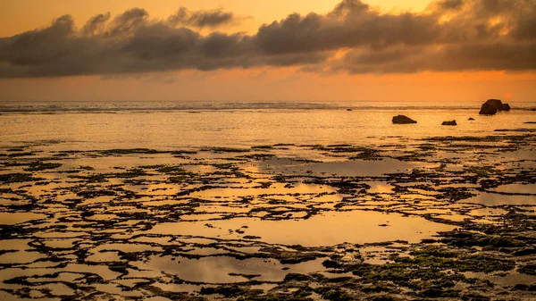 Seascape. Solnedgång på stranden. Havets lågvatten. Horisontell bakgrund banner. Stranden Nyang Nyang, Bali, Indonesien. — Stockfoto