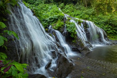 İnanılmaz bir manzara. Tropikal yağmur ormanlarında saklı güzel bir şelale. Macera ve seyahat konsepti. Doğa geçmişi. Yavaş deklanşör hızı, hareket fotoğrafçılığı. Pucak Manik Şelalesi Bali, Endonezya