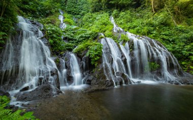 İnanılmaz bir manzara. Tropikal yağmur ormanlarında saklı güzel bir şelale. Macera ve seyahat konsepti. Doğa geçmişi. Yavaş deklanşör hızı, hareket fotoğrafçılığı. Pucak Manik Şelalesi Bali, Endonezya