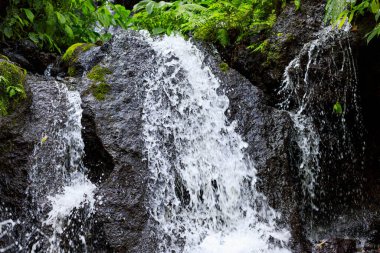 Şelaleyi kapatın. Dinamik su akışı. Waterscape arka planı. Su enerjisi. Doğa ve çevre kavramı. Pucak Manik Şelalesi Bali, Endonezya