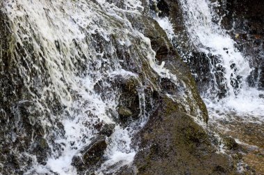 Şelaleyi kapatın. Dinamik su akışı. Waterscape arka planı. Su enerjisi. Doğa ve çevre kavramı. Pucak Manik Şelalesi Bali, Endonezya