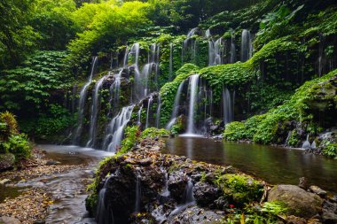 Tropik bir manzara. Yağmur ormanlarında saklı güzel bir şelale. Macera ve seyahat konsepti. Doğa geçmişi. Yavaş deklanşör hızı, hareket fotoğrafçılığı. Banyu Wana Amertha Şelalesi Bali, Endonezya