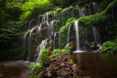 Tropik bir manzara. Yağmur ormanlarında saklı güzel bir şelale. Macera ve seyahat konsepti. Doğa geçmişi. Yavaş deklanşör hızı, hareket fotoğrafçılığı. Banyu Wana Amertha Şelalesi Bali, Endonezya