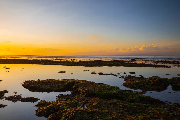 华丽的海景 落潮时的海滩 日落黄金时段 阳光在水中反射 风景景观 宾宾海滩 印度尼西亚巴厘 — 图库照片