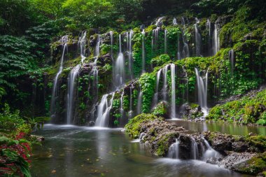 Tropik bir manzara. Yağmur ormanlarında saklı güzel bir şelale. Macera ve seyahat konsepti. Doğa geçmişi. Yavaş deklanşör hızı, hareket fotoğrafçılığı. Banyu Wana Amertha Şelalesi Bali, Endonezya