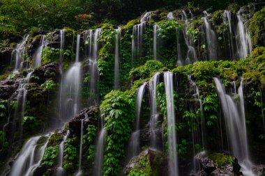 Şelaleyi kapatın. Dinamik su akışı. Waterscape arka planı. Su enerjisi. Doğa ve çevre kavramı. Banyu Wana Amertha Şelalesi Bali, Endonezya