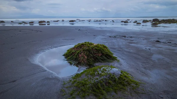 Seascape Černá Písečná Pláž Během Odlivu Čas Západu Slunce Pláži — Stock fotografie