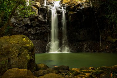 Tropik bir manzara. Yağmur ormanlarında saklı güzel bir şelale. Macera ve seyahat konsepti. Doğa geçmişi. Yavaş deklanşör hızı, hareket fotoğrafçılığı. Sing Sing Angin Şelalesi Bali, Endonezya