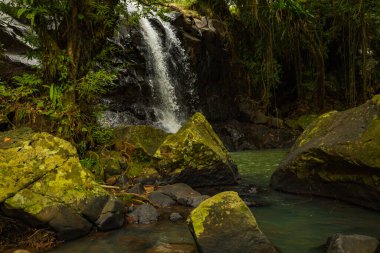 Tropik bir manzara. Yağmur ormanlarında saklı güzel bir şelale. Büyük taşlı ön plan. Macera konsepti. Doğa geçmişi. Hızlı deklanşör hızı. Sing Sing Angin Şelalesi, Bali, Endonezya