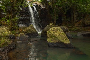Tropik bir manzara. Yağmur ormanlarında saklı güzel bir şelale. Büyük taşlı ön plan. Macera konsepti. Doğa geçmişi. Hızlı deklanşör hızı. Sing Sing Angin Şelalesi, Bali, Endonezya