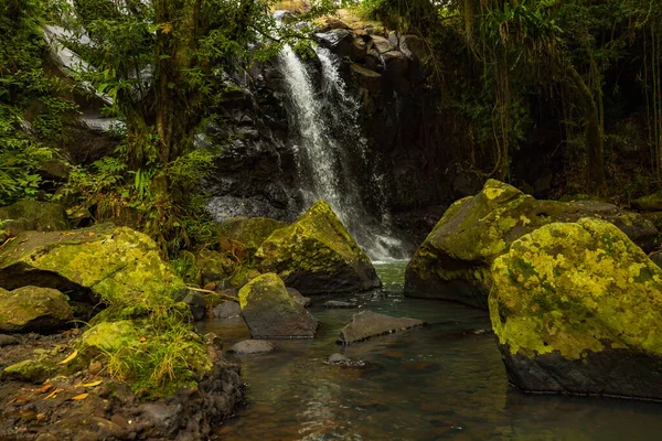 Tropische Landschaft Schöner Versteckter Wasserfall Regenwald Vorne Mit Großen Steinen — Stockfoto