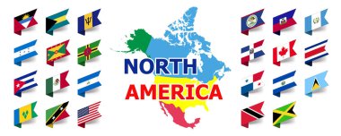 Kuzey ve Orta Amerika bayrağı. Kuzey Amerika 'nın tüm eyaletlerinin haritalı bayrakları.