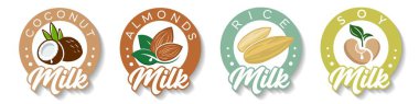 Bademli etiketler, soya, hindistan cevizi, pirinç sütü. NUTRITIONAL NUTRITİON için vektör dizayn elementleri seti