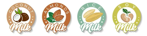 Etikettenset Mit Mandeln Soja Kokosnüssen Reismilch Vektor Set Von Verpackungselementen — Stockvektor