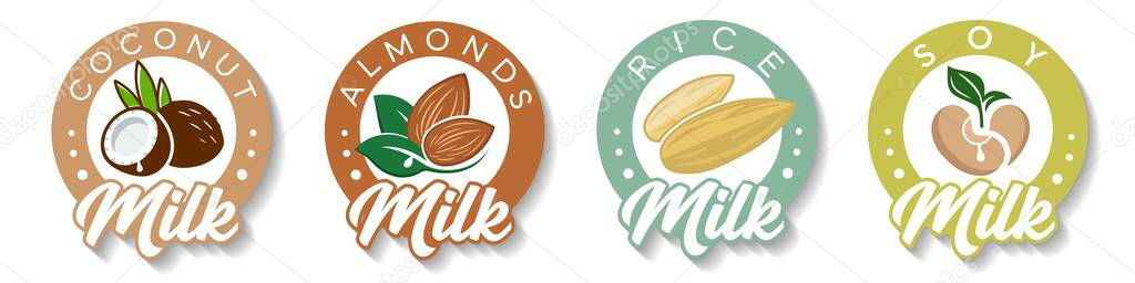 Set of labels with almond, soy, coconut, rice milk. Vector set of packaging design elements FOR NUTRITIONAL NUTRITION