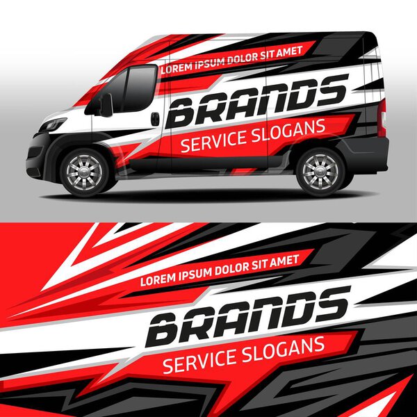 Van livery vector design. Car sticker. Development of car design for the company. Car branding. Sport black and red background for car vinyl sticker