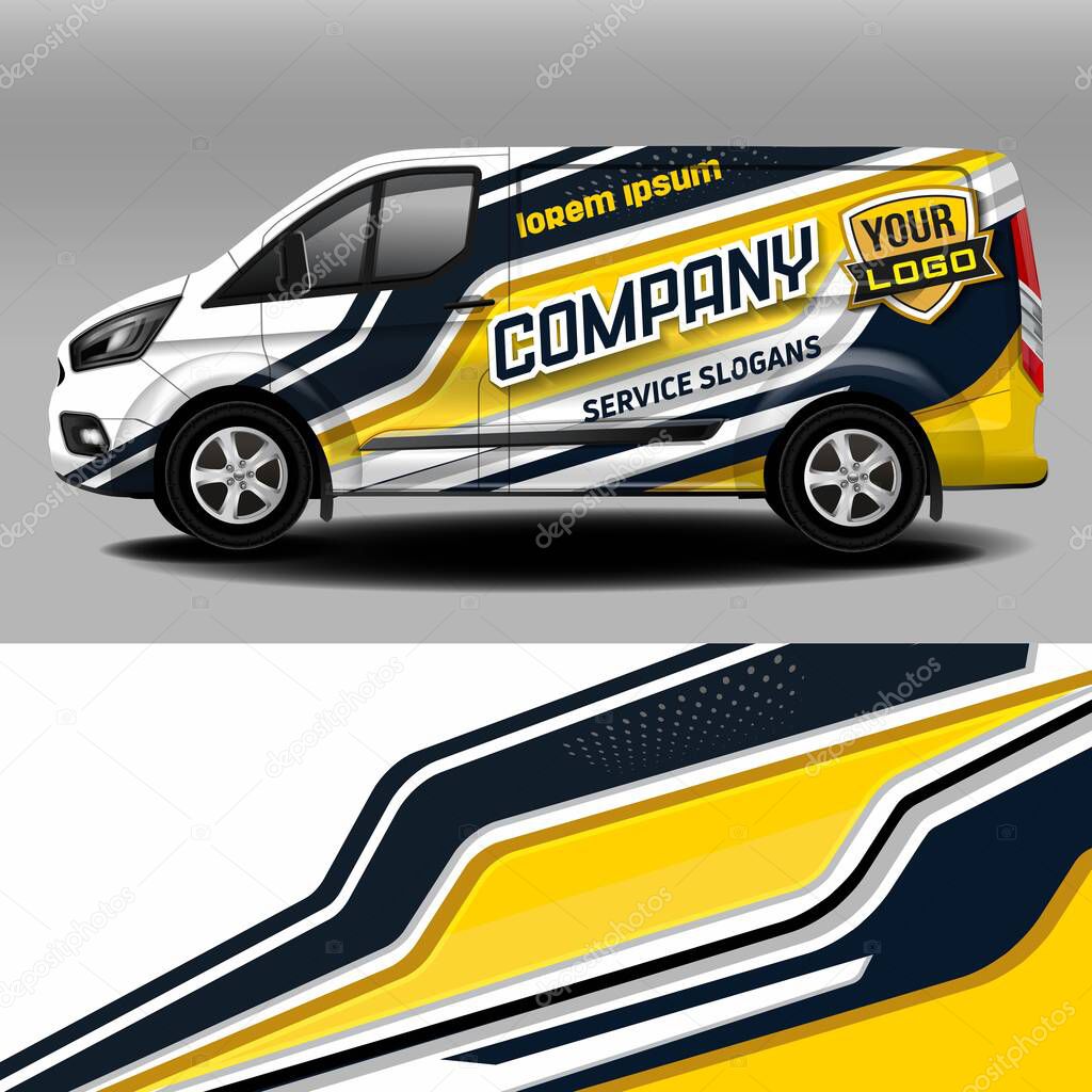  Vector livery van design. Car sticker. Yellow and gray stripes. Car design development for the company. Car branding. 