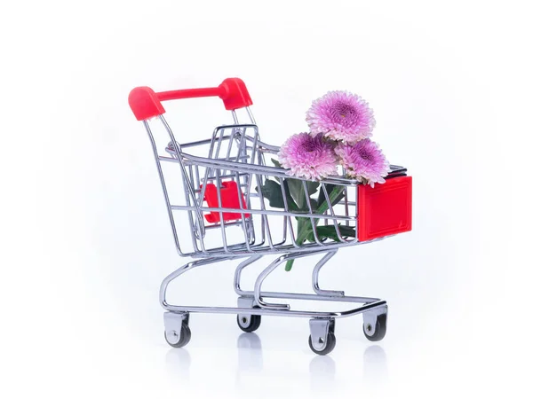 Small Food Basket Wheels Flowers White Background — Stock Photo, Image